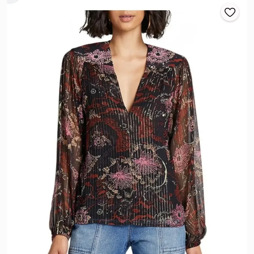 A.L.C. Mac Floral V-Neck Long-Sleeve Top - Metallic/Black/Pink size 6